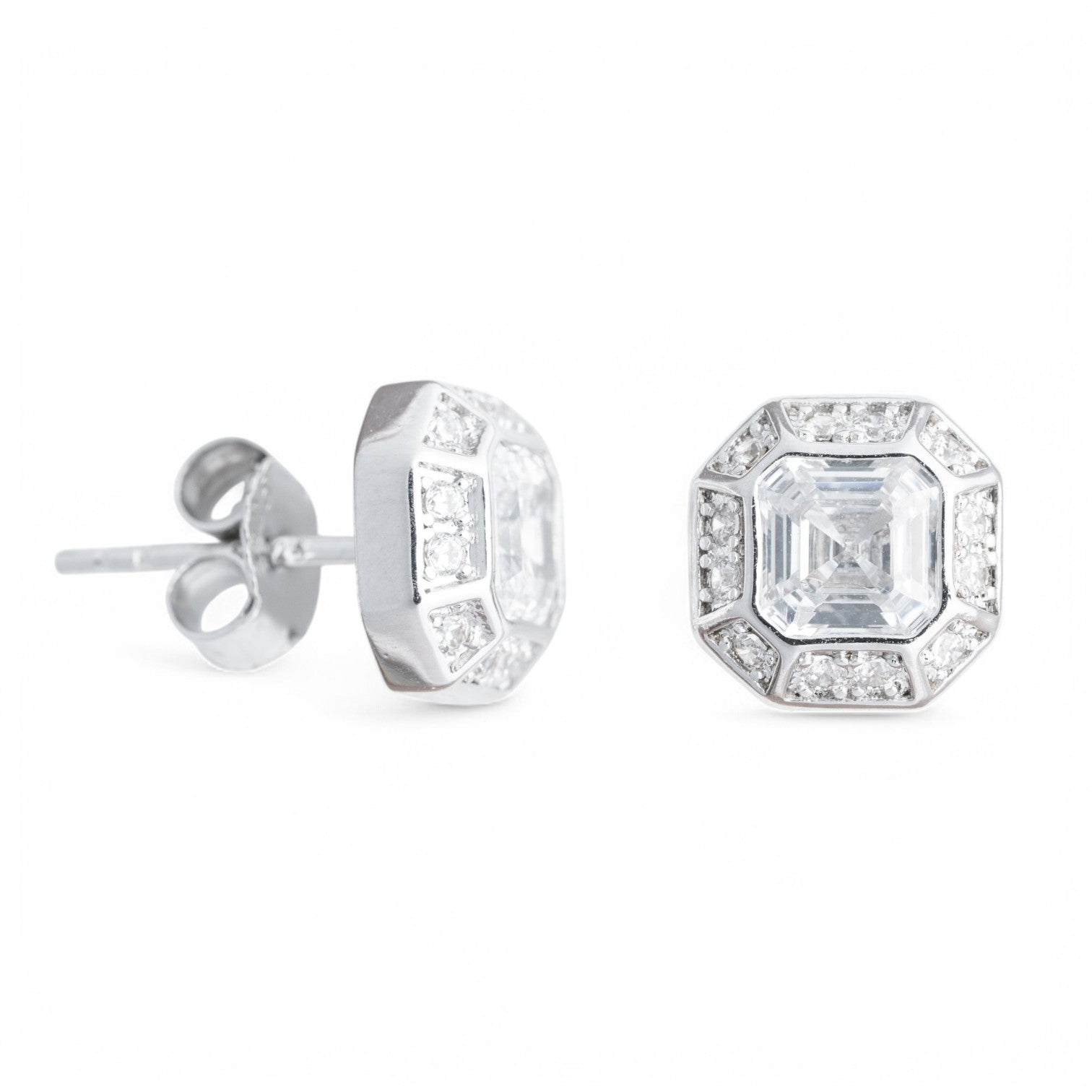 Clustered Asscher Cut Earrings - 18K White Gold