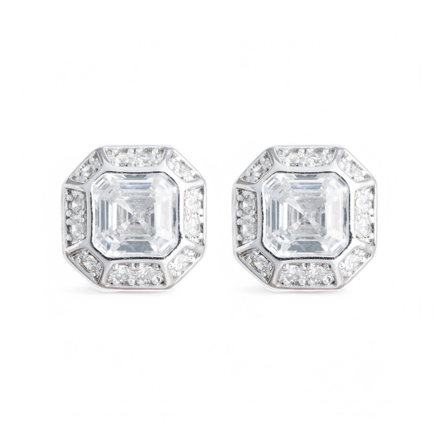 Clustered Asscher Cut Earrings - 18K White Gold